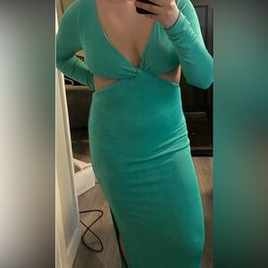 Peppermayo Teal Twist-Front Long Sleeve Cutout Dress